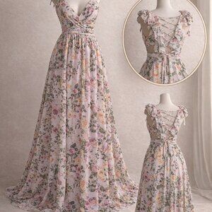 Floral Maxi Dress, Deep V Backless Lace up